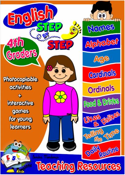 This pack has been created for   fourth graders.  It contains   five units   covering the following themes:  names and alphabet, age and birthday (cardinal numbers, ordinal numbers, months), food and drinks - likes and dislikes,  telling the time and daily routine.  All units include 1 unit cover (with a self evaluation chart, allowing students to assess their knowledge of the key functions taught at the end of each unit) worksheets (some of them available in black and white to allow students to colour), flashcards / memory games, board games, posters, bookmarks, dominoes, PowerPoint presentations + games and picture dictionaries.