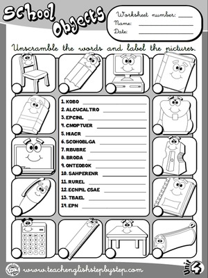 School Objects - Worksheet 3 (B&W version)