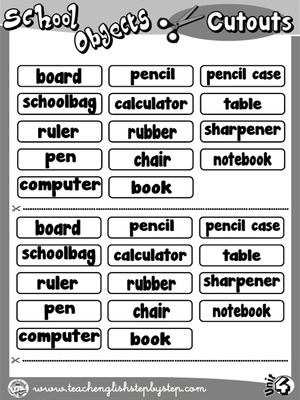 School Objects - Picture Dictionary Cutouts (B&W version)