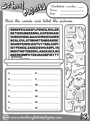 School Objects - Worksheet 4 (B&W version)