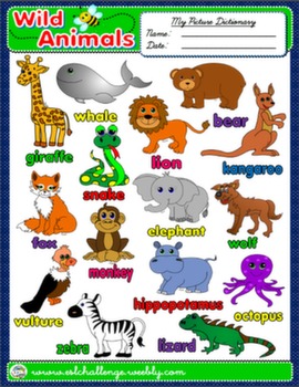 WILD ANIMALS PICTURE DICTIONARY AVAILABLE IN B&W
