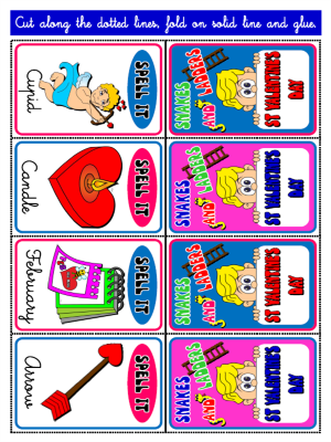ST VALENTINE'S DAY SNAKES AND LADDERS SPELLING CARDS (16 CARDS)