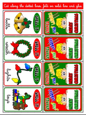 CHRISTMAS SNAKES AND LADDERS SPELLING CARDS