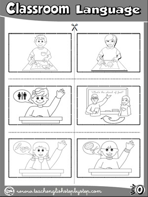 Classroom Language - Picture Dictionary Cutouts - page 1 (B&W version)