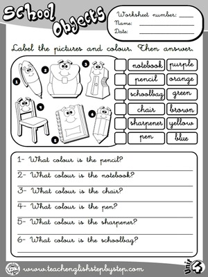 School Objects - Worksheet 7 (B&W version)