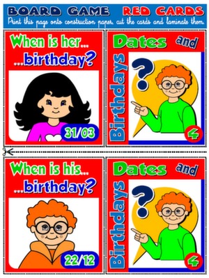 #AGE / BIRTHDAYS / DATES - BOARD GAME CARDS (RED CARDS)