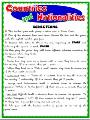 COUNTRIES AND NATIONALITIES - BOARD GAME (DIRECTIONS)
